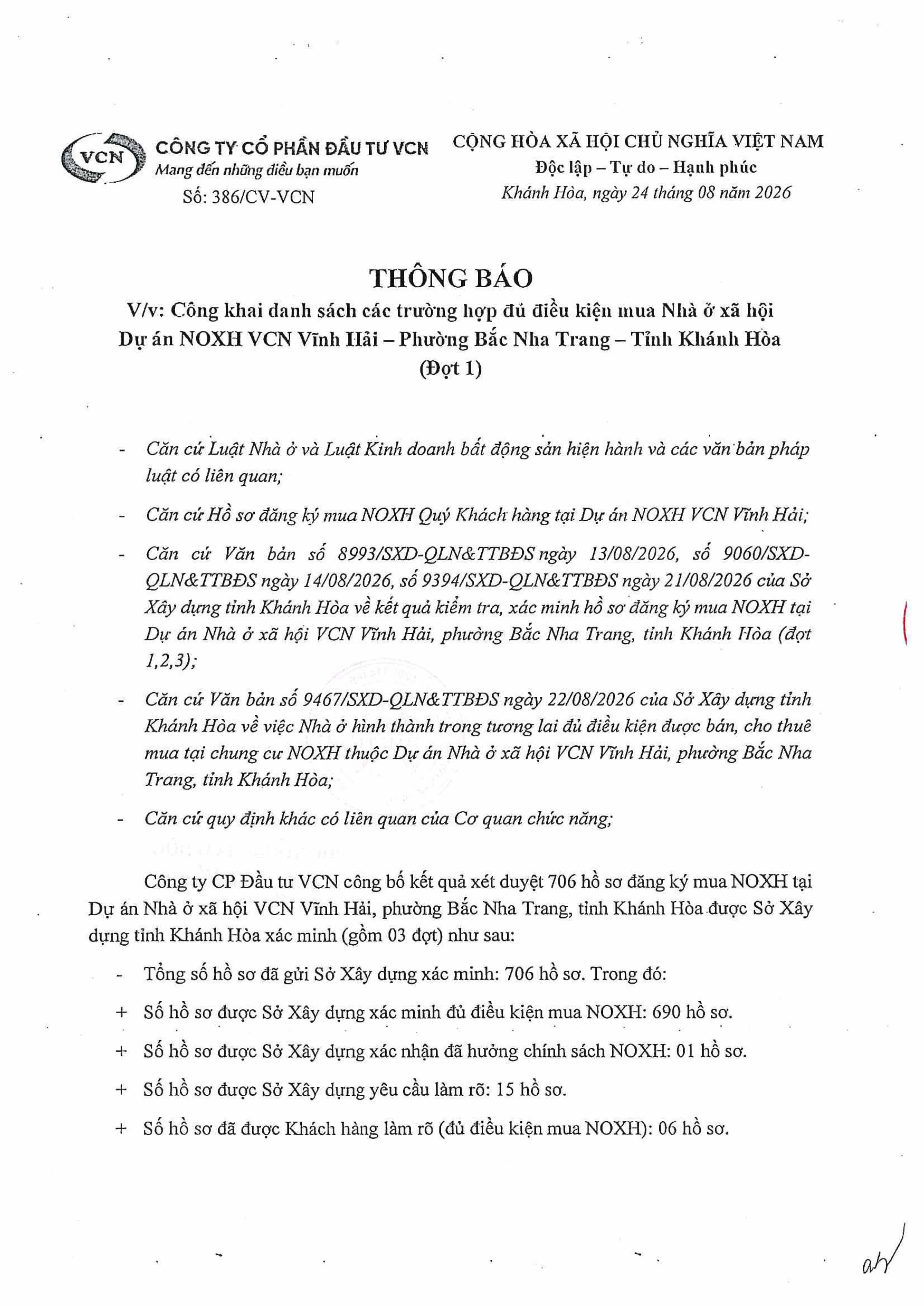 26.08.24. Cấp 2. Cv Số 386 Thông Báo Công Khai Danh Sách Các Trường Hợp đủ điều Kiện Mua Noxh Vĩnh Hải (Đợt 1) (1) Images 0