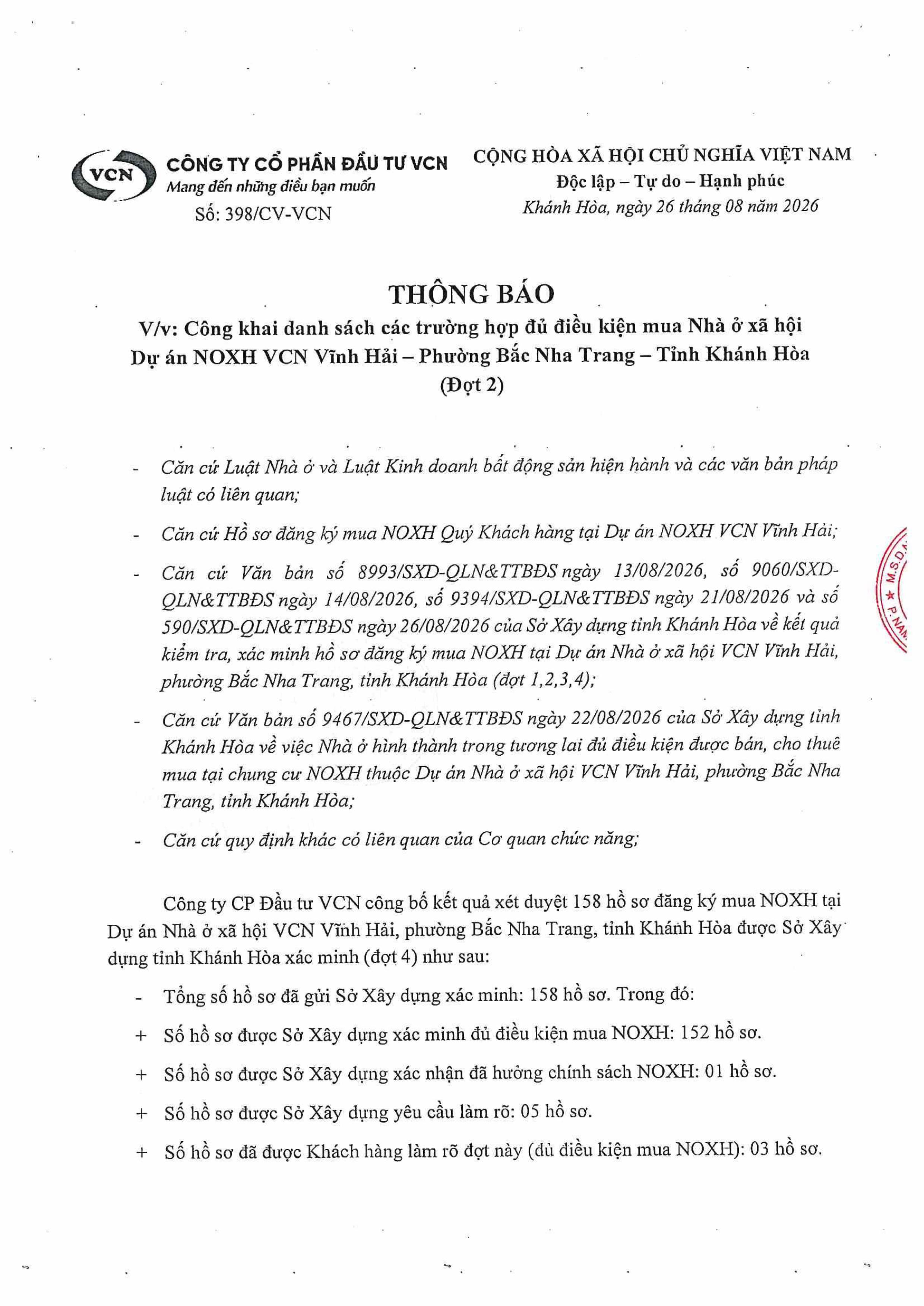 26.08.26. Cấp 2. Cv Số 398 Thông Báo Công Khai Danh Sách Các Trường Hợp đủ điều Kiện Mua Noxh Vĩnh Hải (Đợt 2) Images 0